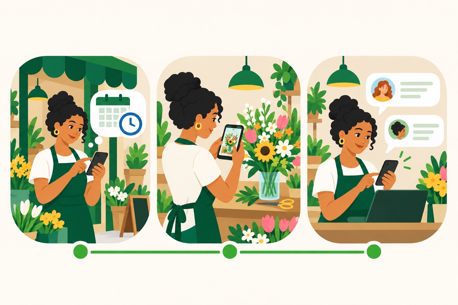 Sequência ilustrada: conferir horários, fotografar o trabalho recente e responder comentários de clientes