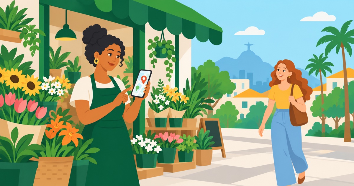 Florista consulta a presença da loja no Google enquanto uma cliente se aproxima