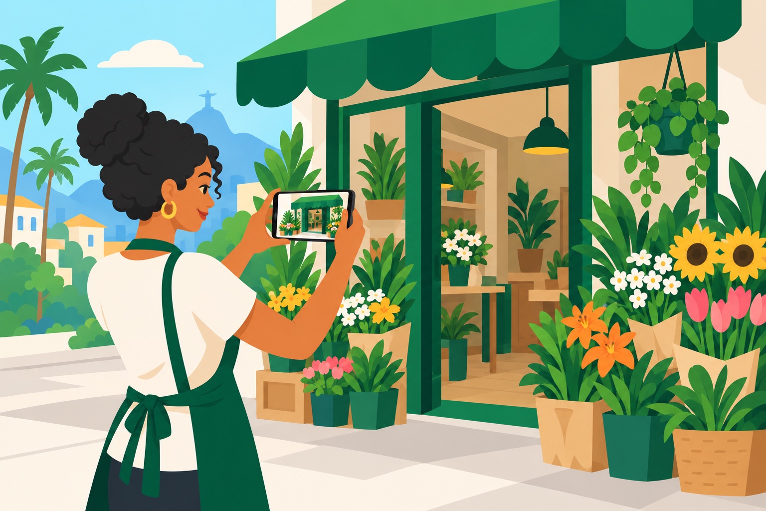Florista registra no celular a entrada e a fachada da loja real