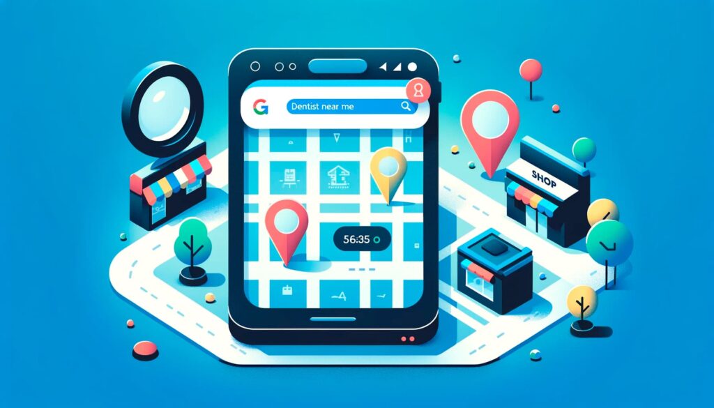 Imagem vetorizada de SEO local com smartphone mostrando "dentista perto de mim" em um mapa com ícones de localização e lojas.