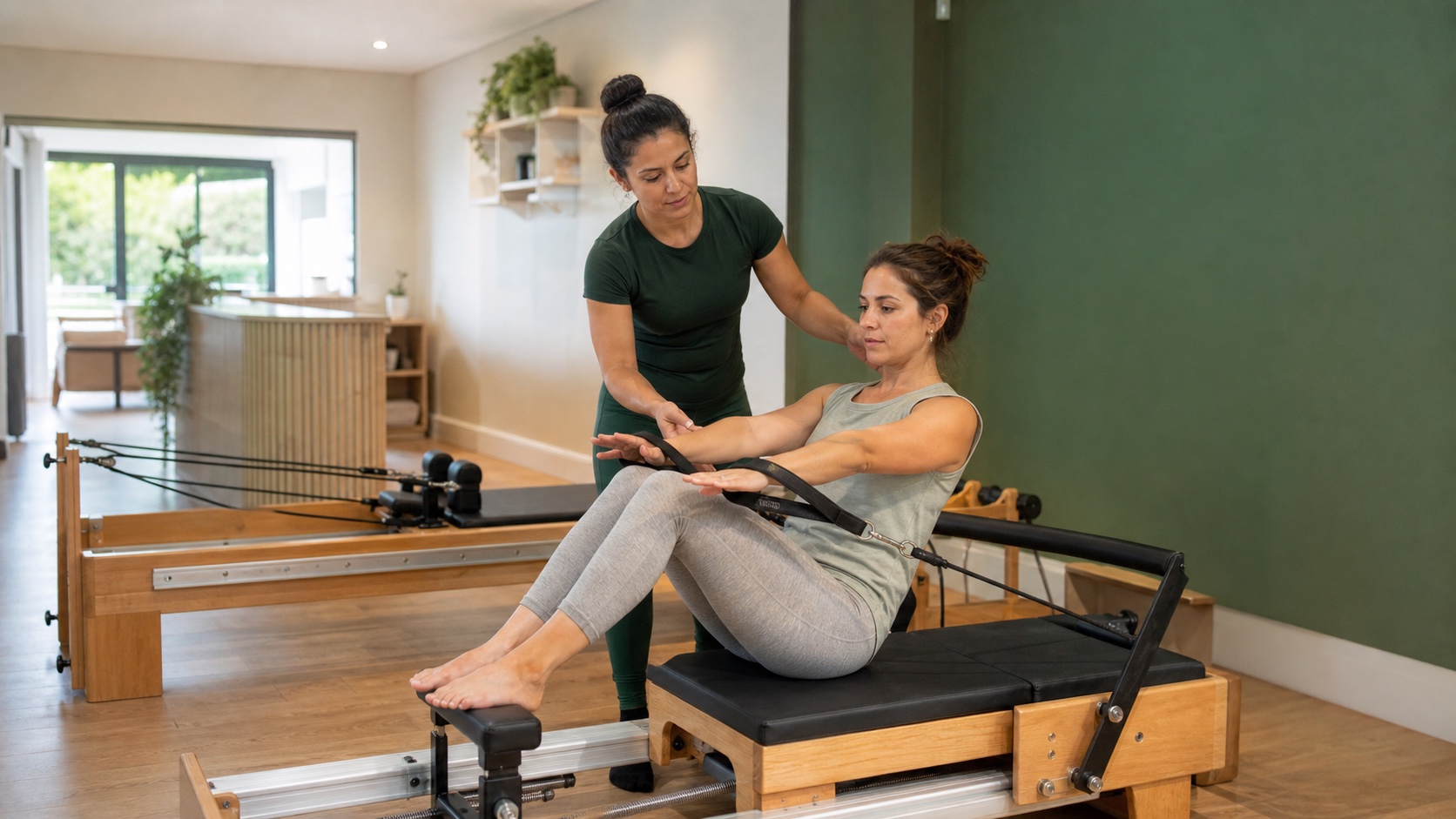 Instrutora orientando uma aluna durante uma aula em aparelho de Pilates
