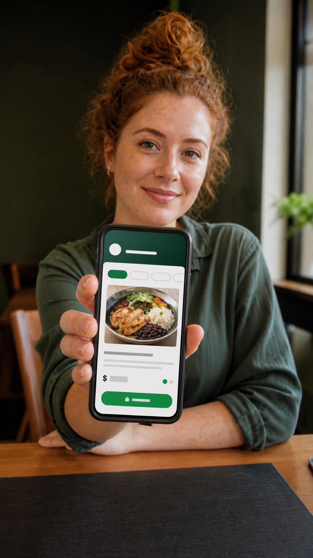 Pessoa ruiva segura um smartphone com um cardápio digital aberto e voltado para a câmera