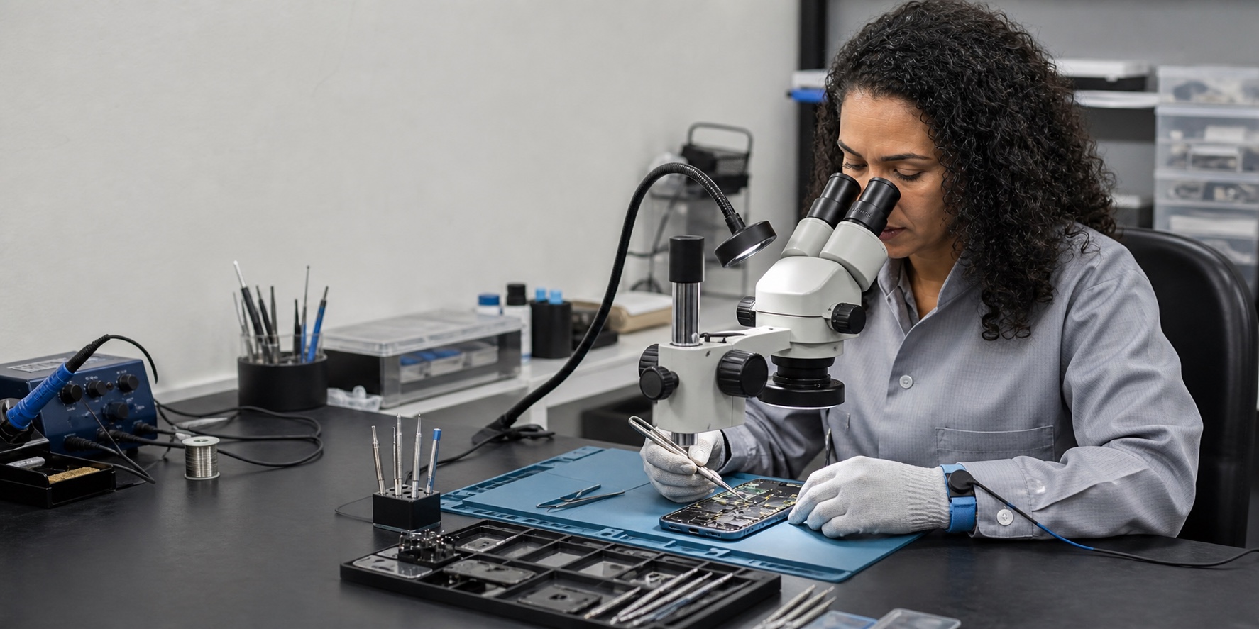 Técnica uniformizada usando microscópio e proteção antiestática no reparo de um celular