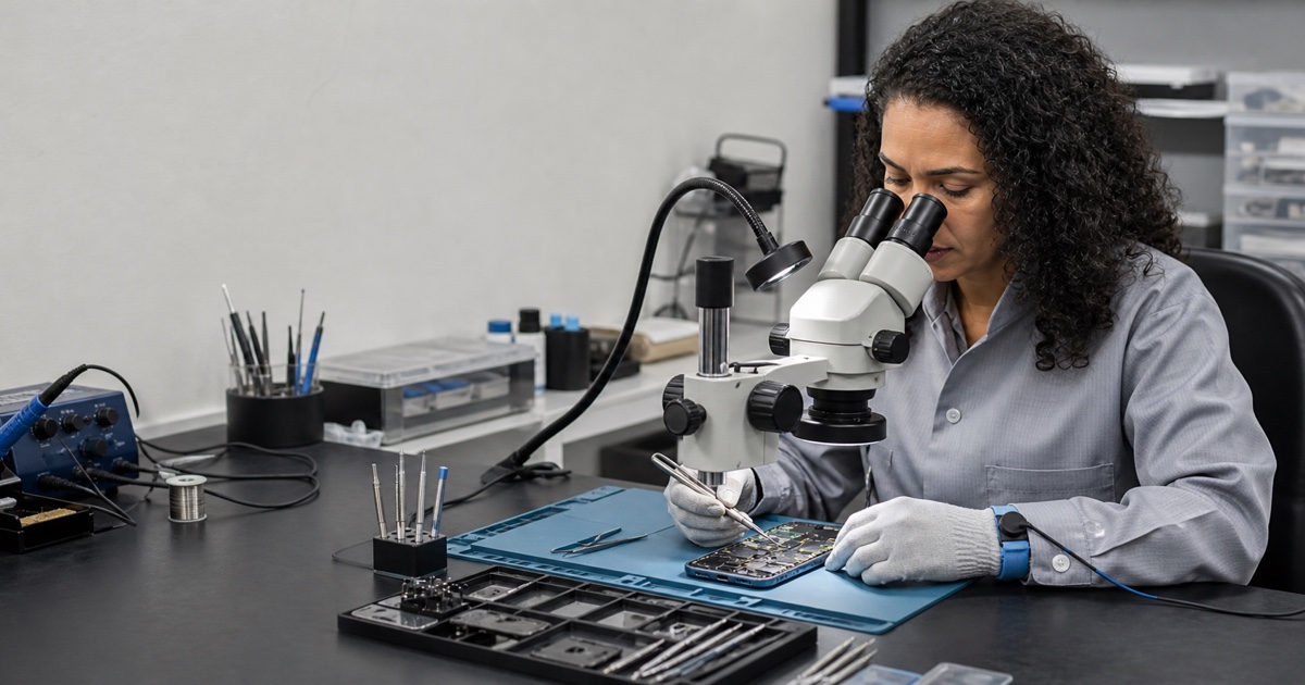 Técnica com uniforme e proteção antiestática reparando um celular ao microscópio
