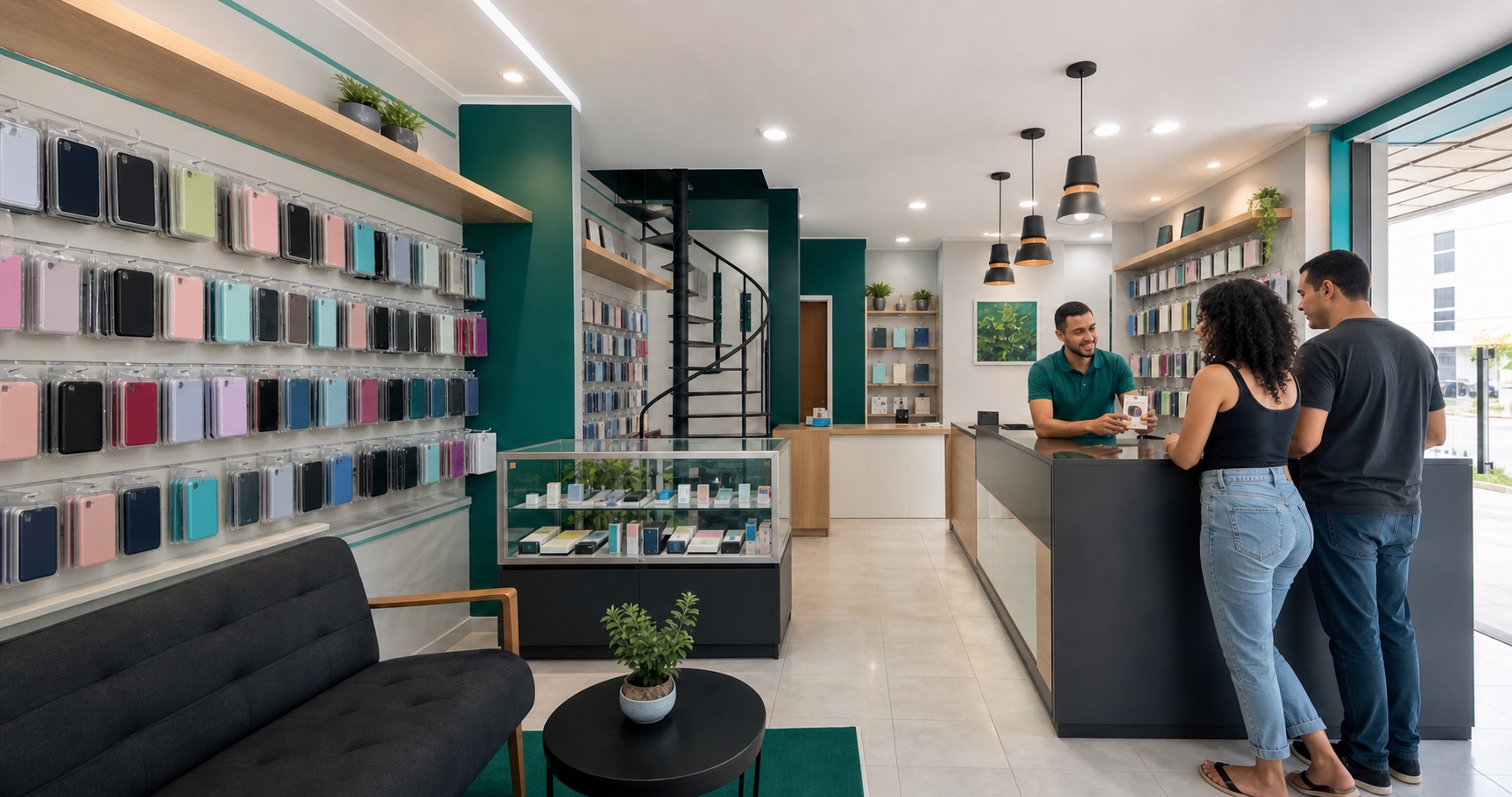 Interior de uma assistência técnica de celulares com atendente recebendo clientes na área pública