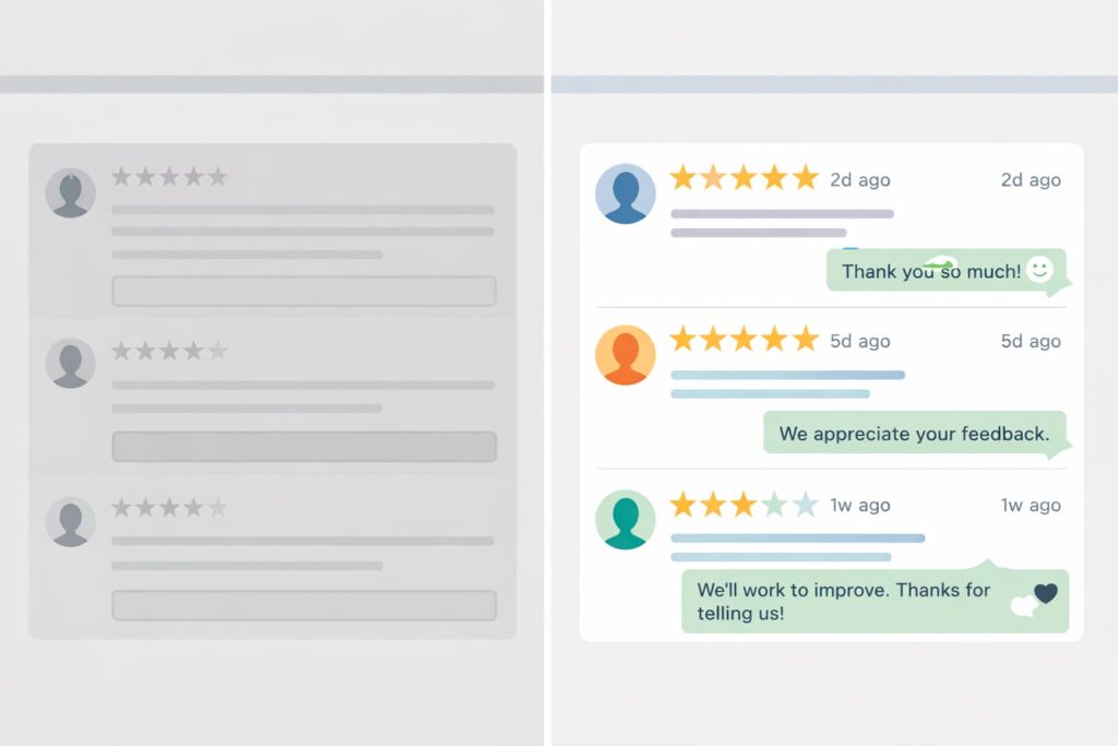 Avaliações recentes no Google com respostas humanas demonstrando presença ativa do negócio local