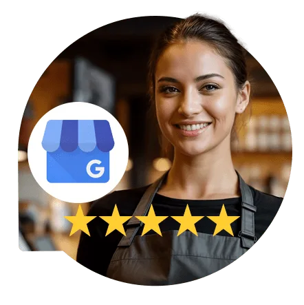 Empresária com símbolo do Perfil da Empresa no Google e cinco estrelas