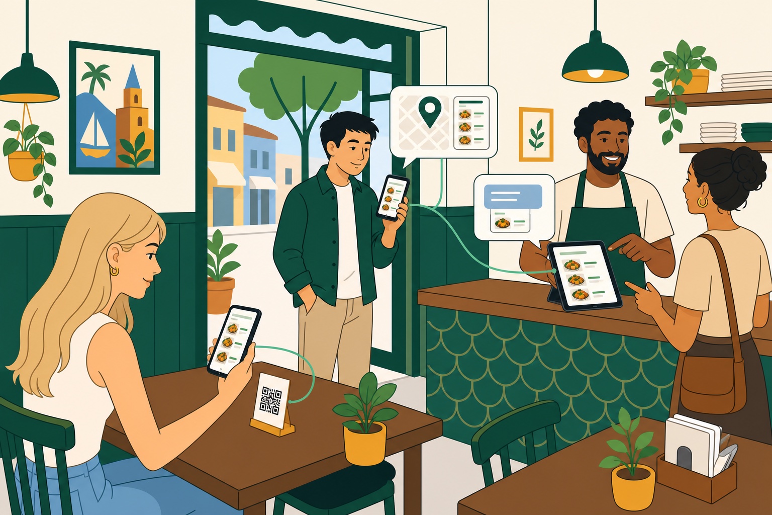 Clientes acessam o mesmo cardápio digital pelo QR Code na mesa, por uma busca local e por um link compartilhado no atendimento