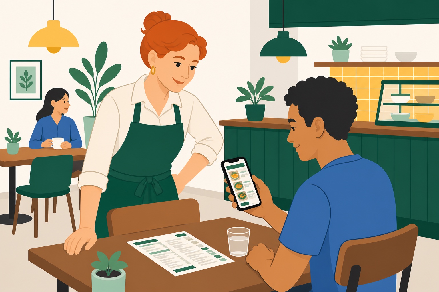 Proprietária ruiva de um restaurante acompanha um cliente que consulta o cardápio digital no celular, com uma versão impressa disponível na mesa