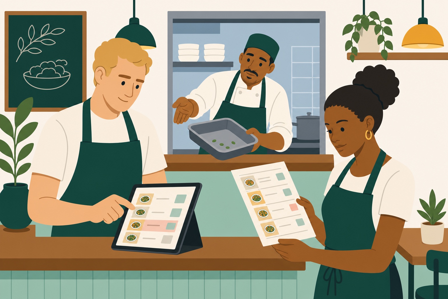 Proprietário atualiza o cardápio em um tablet enquanto uma atendente confere a versão impressa e o cozinheiro sinaliza um item indisponível