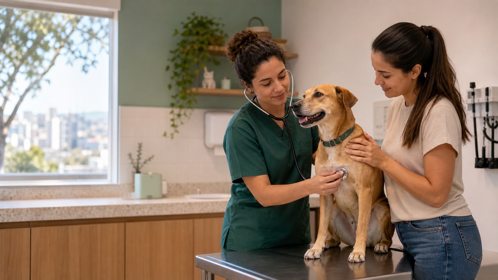 Veterinária examinando um cachorro acompanhado pela tutora