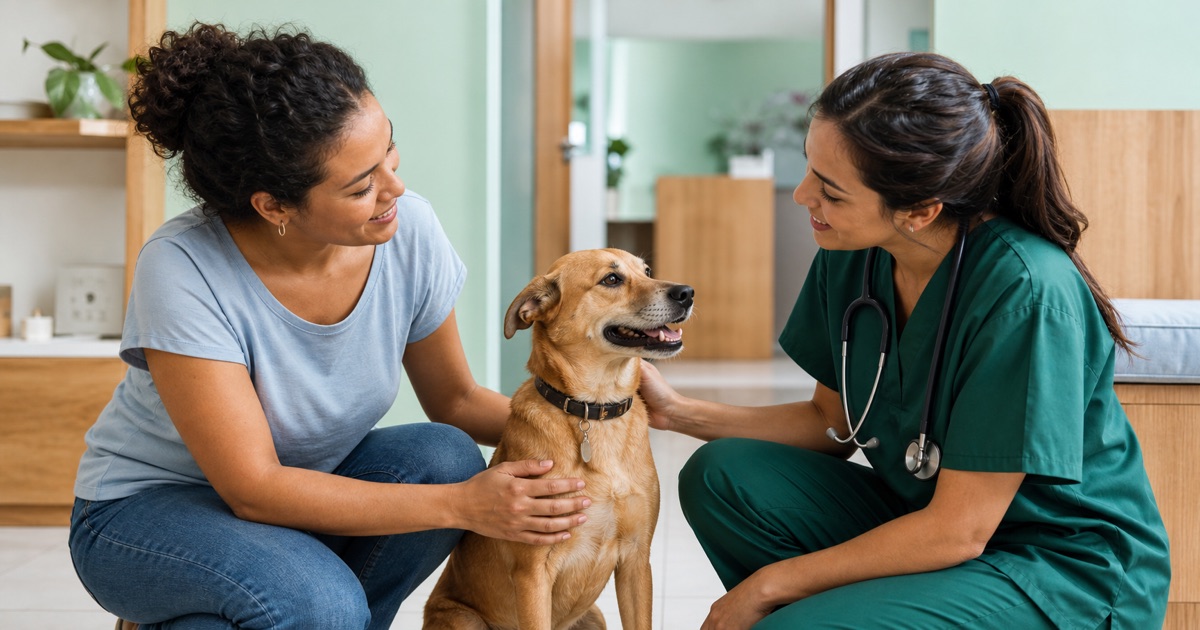 Veterinária, tutora e cachorro em uma clínica veterinária