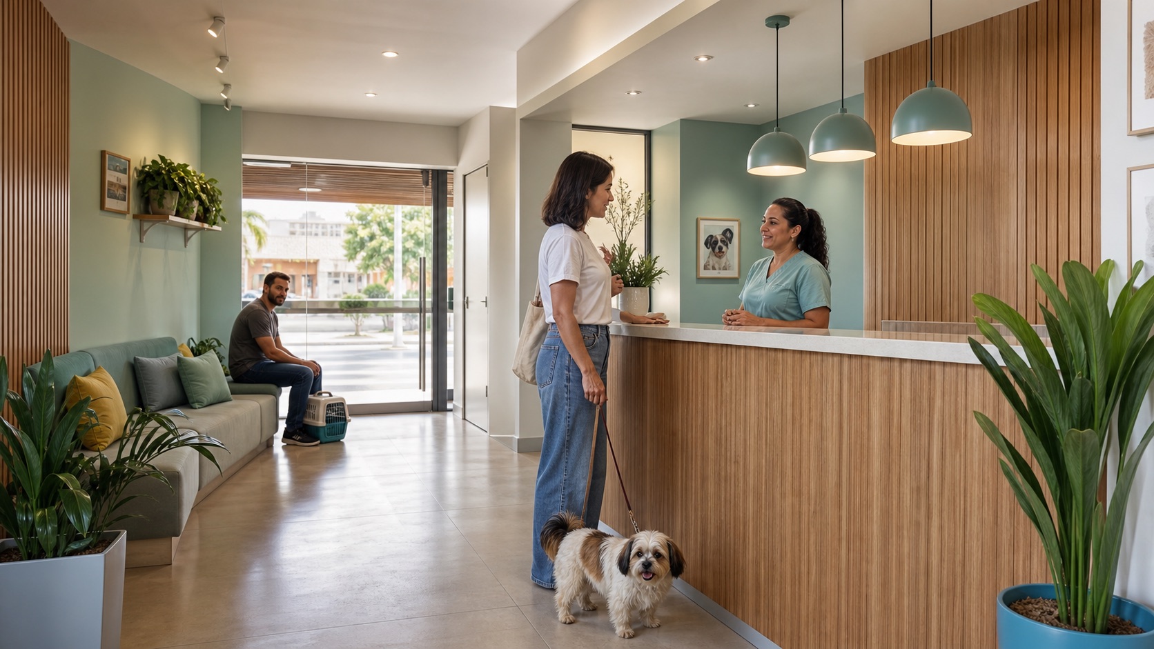 Recepção de clínica veterinária com tutores, cachorro e caixa de transporte