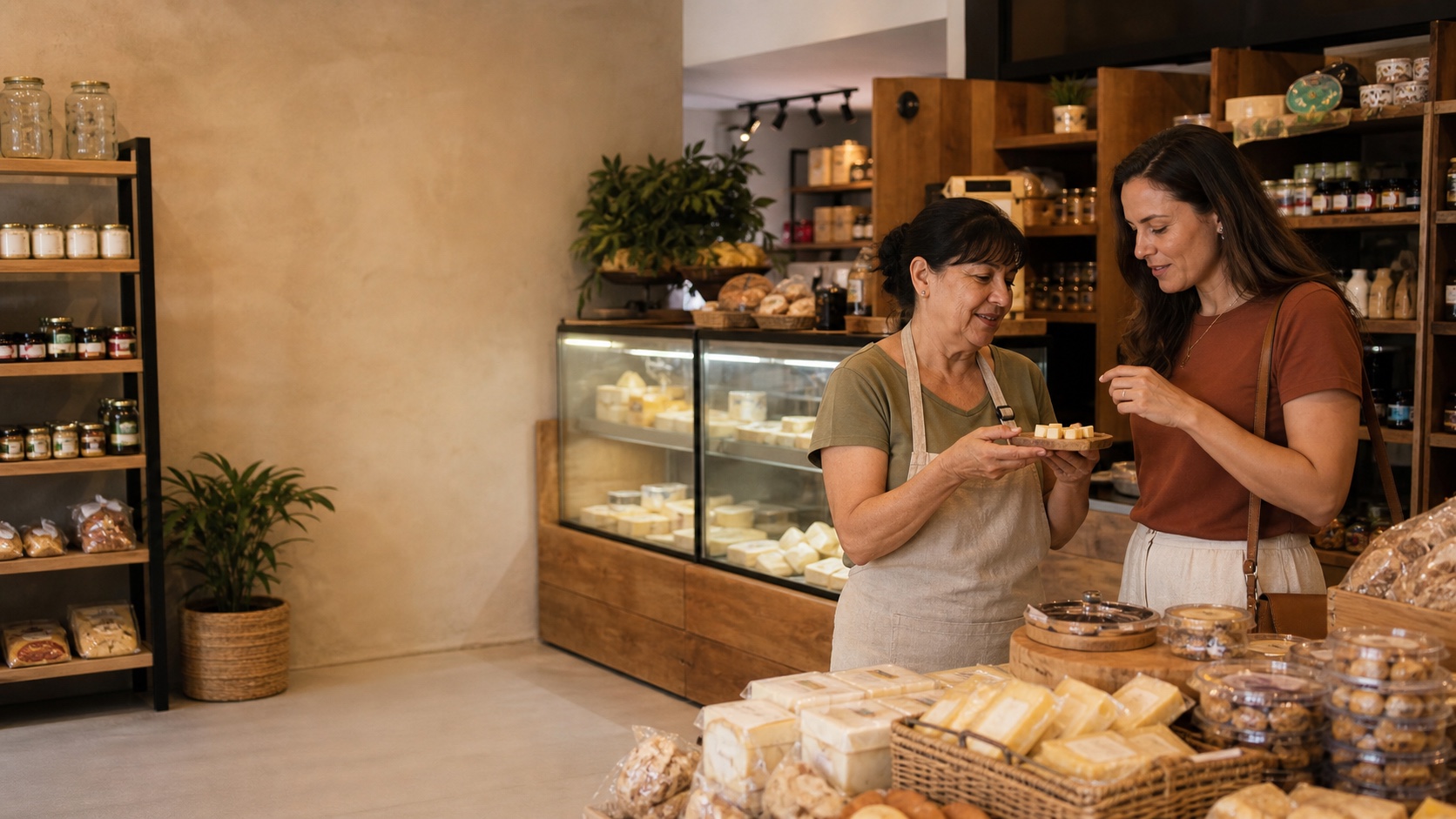 Comerciante oferecendo uma degustação de queijo a uma cliente em um empório mineiro