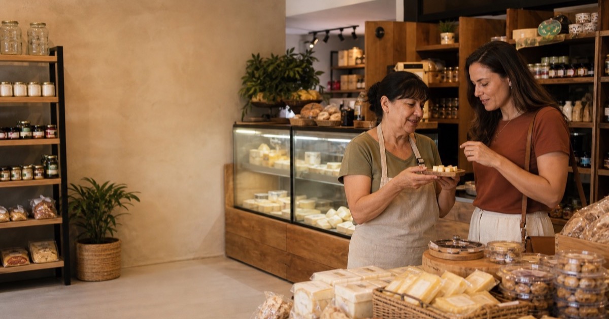 Comerciante oferecendo uma degustação de queijo a uma cliente em um empório mineiro