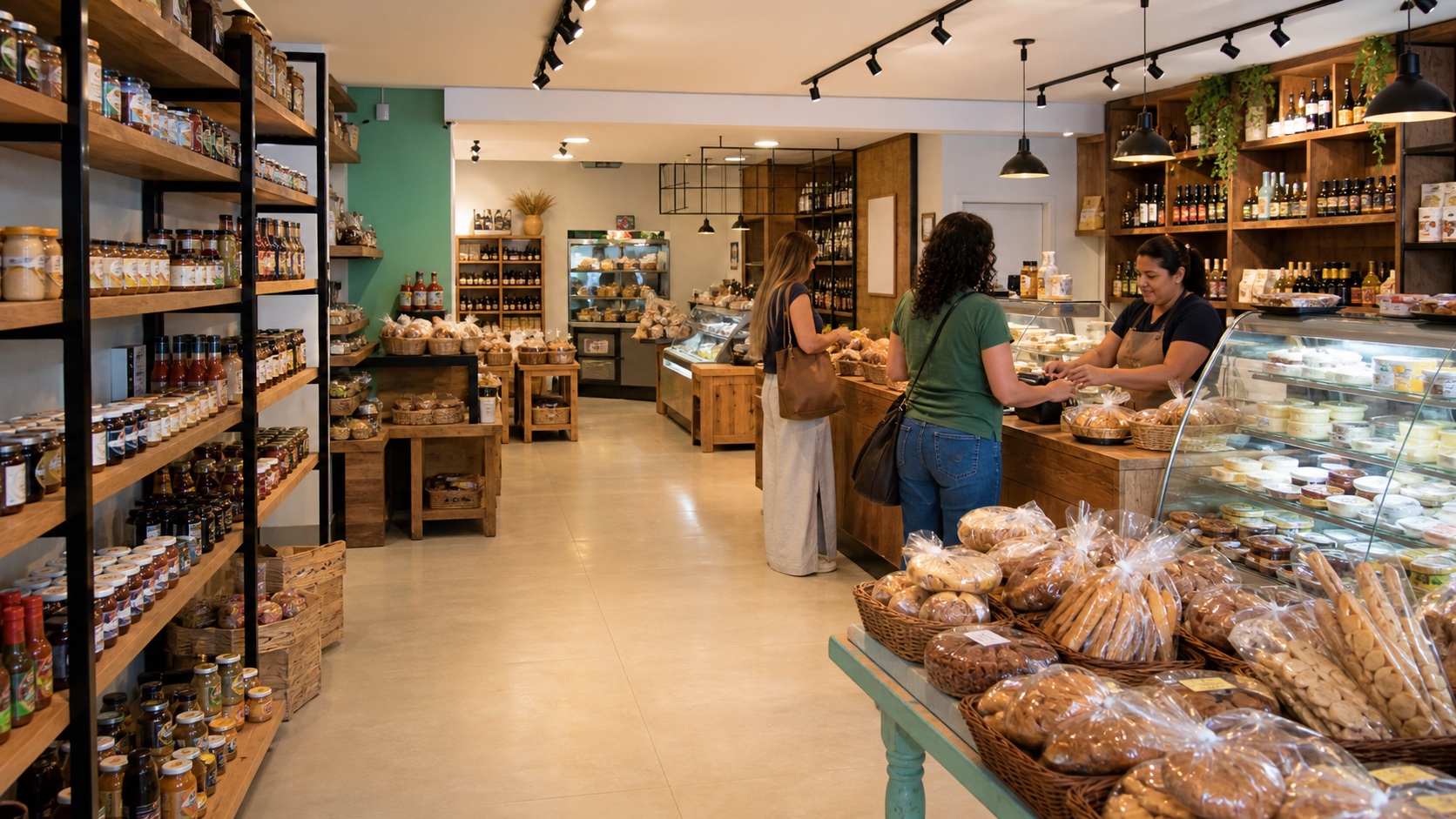 Interior de um empório mineiro com produtos regionais, clientes e atendimento no balcão