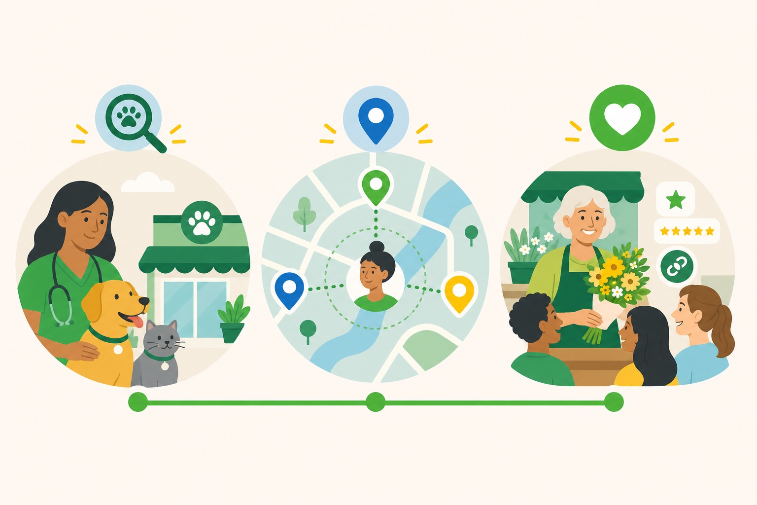 Veterinária, mapa de proximidade e florista representam relevância, distância e destaque nas buscas locais