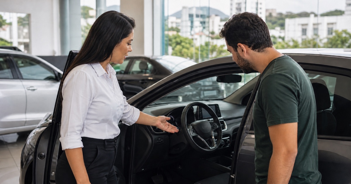 Consultora apresentando o interior de um veículo a um cliente em uma revenda