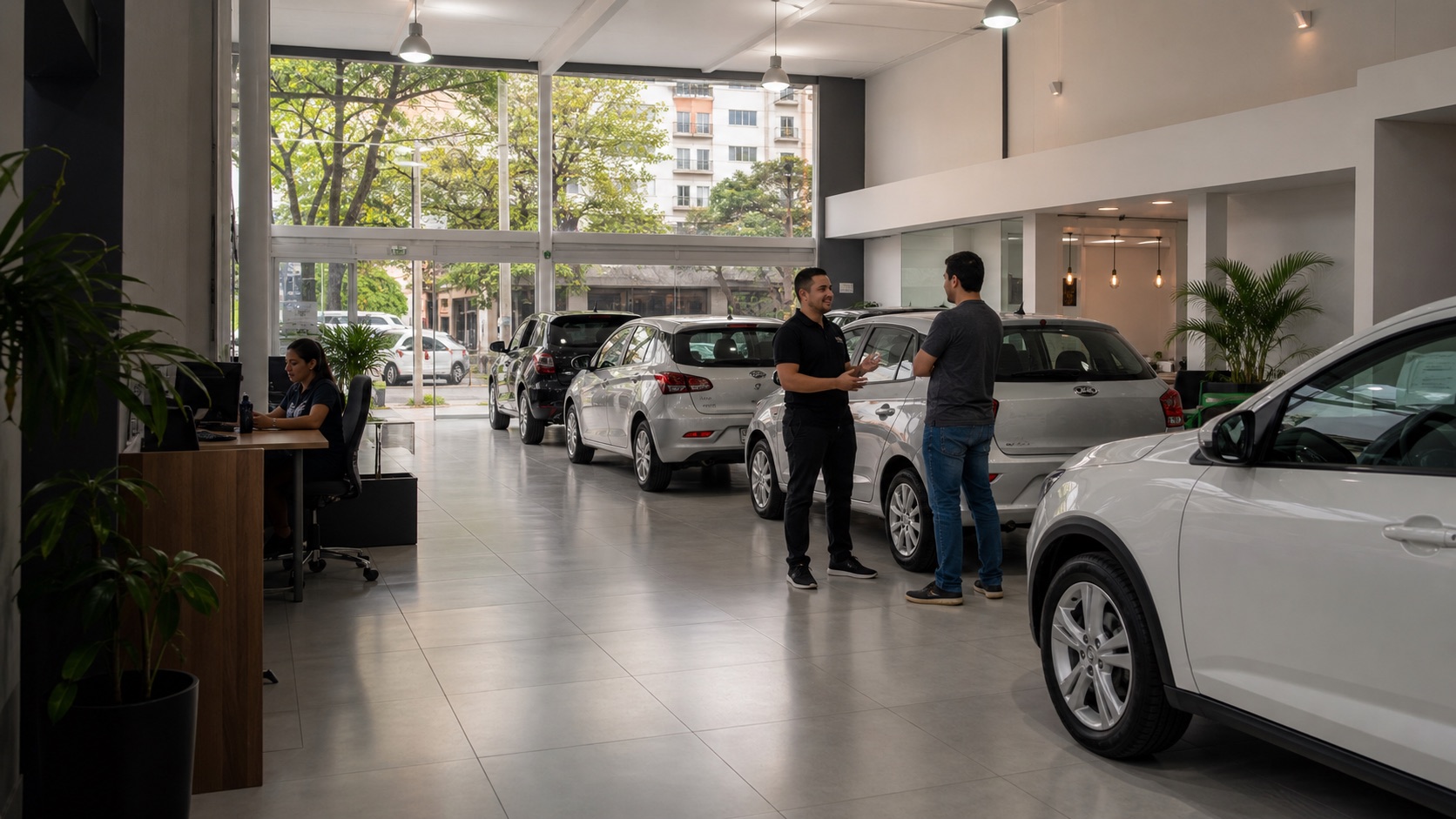 Showroom de concessionária com veículos e atendimento ao cliente