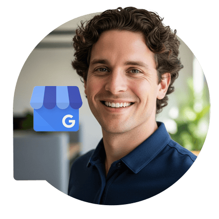 Especialista ao lado do ícone do Perfil da Empresa no Google representando ferramenta gratuita de diagnóstico para transformar perfil comum em máquina de vendas no Google Maps.