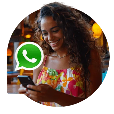 Mulher usando o celular com símbolo do WhatsApp e QR Code
