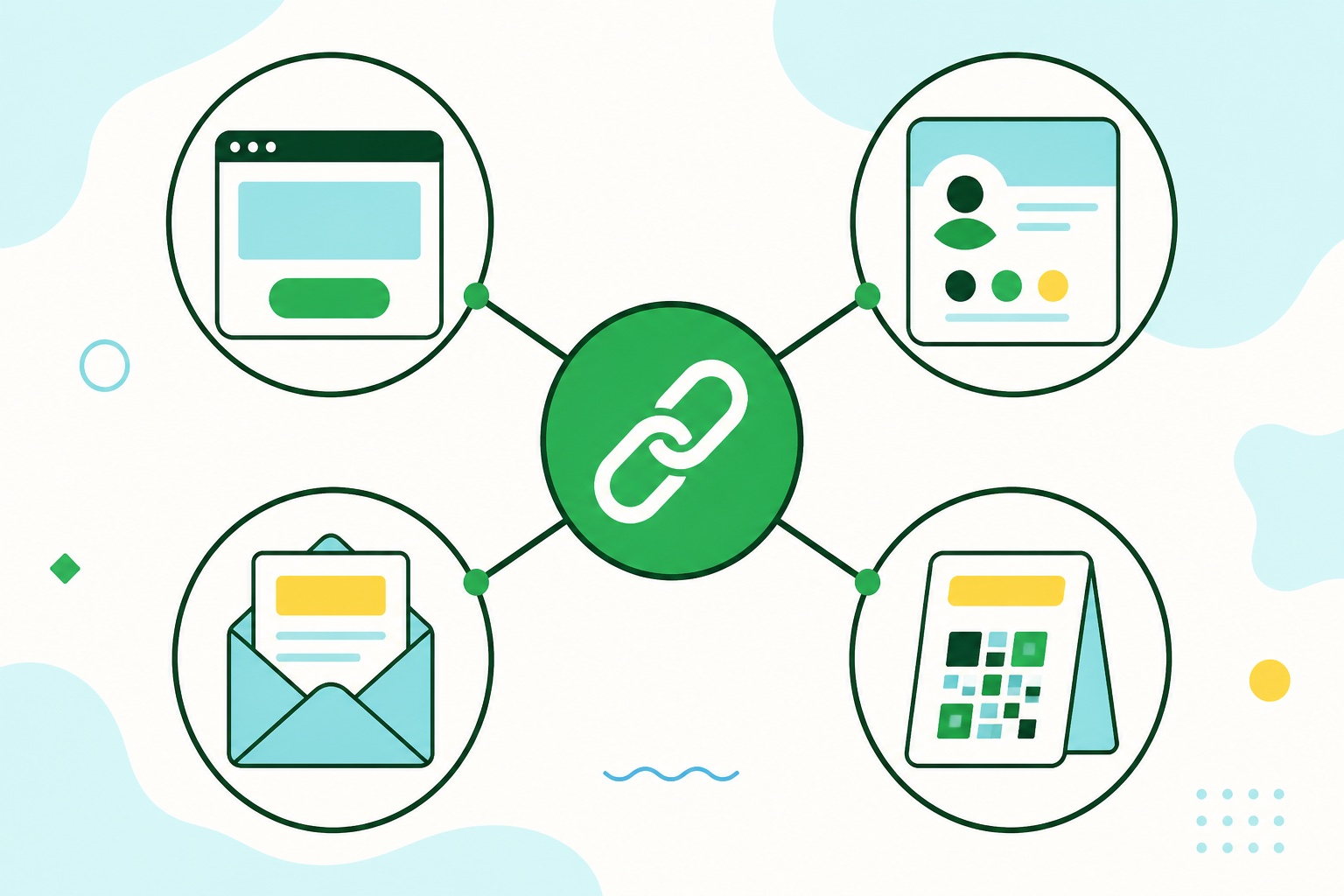 Um símbolo de link conectado a website, perfil social, e-mail e cartão impresso com código visual