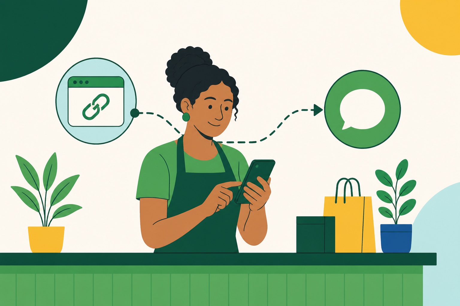 Proprietária de um pequeno negócio usa o celular enquanto um link conduz a uma conversa