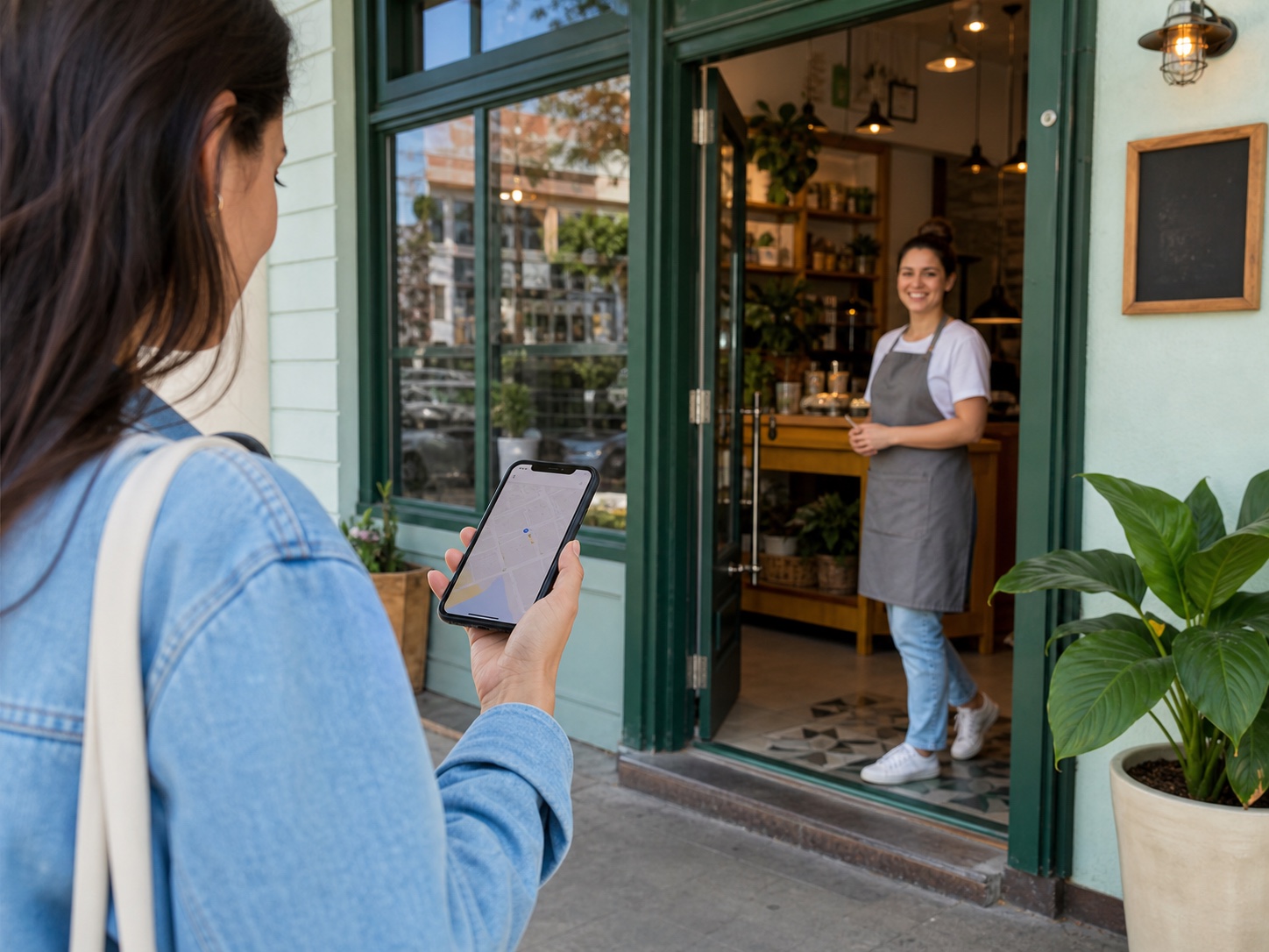 Cliente consulta a localização no celular antes de entrar em um negócio local