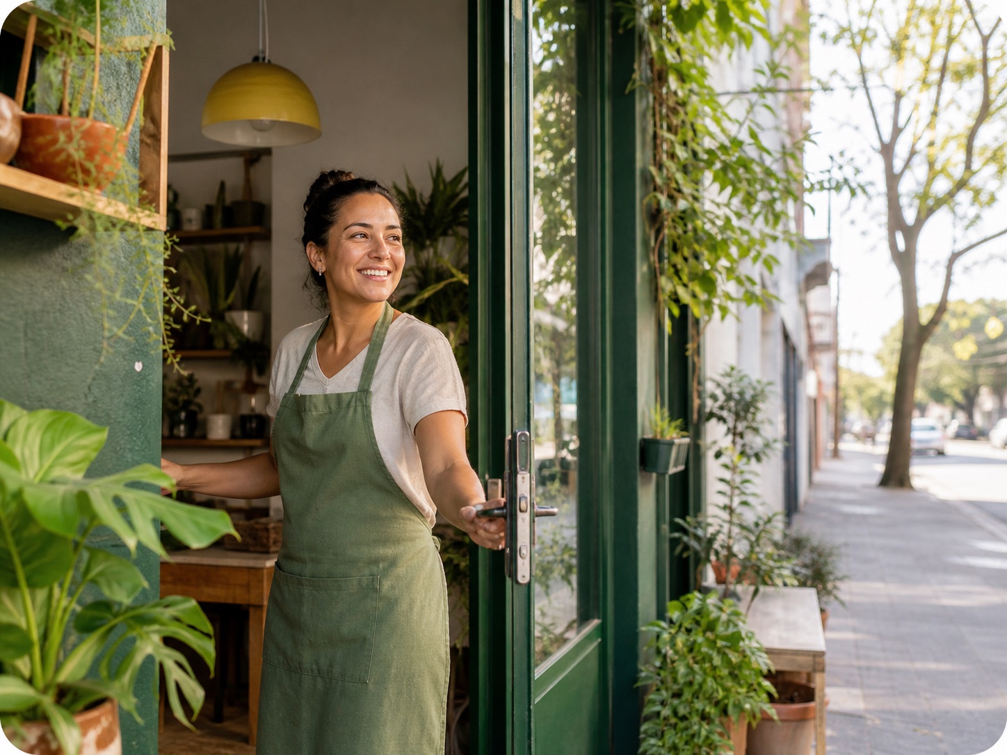 Empreendedora abrindo um negócio local para iniciar o atendimento