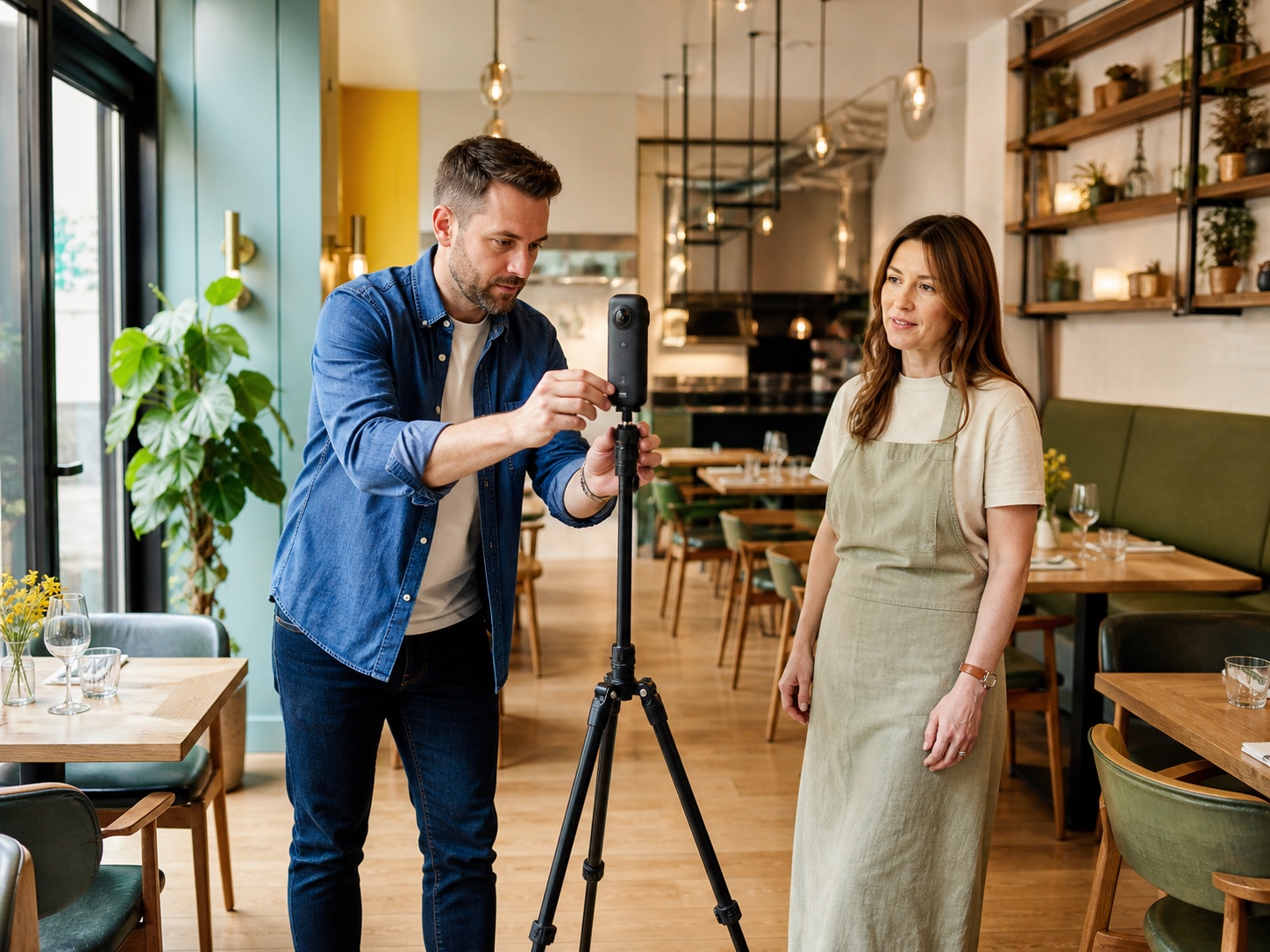 Fotógrafo prepara uma câmera 360 em um ambiente comercial