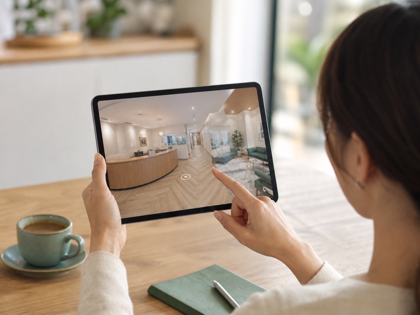 Pessoa explora em um tablet o tour virtual de um estabelecimento