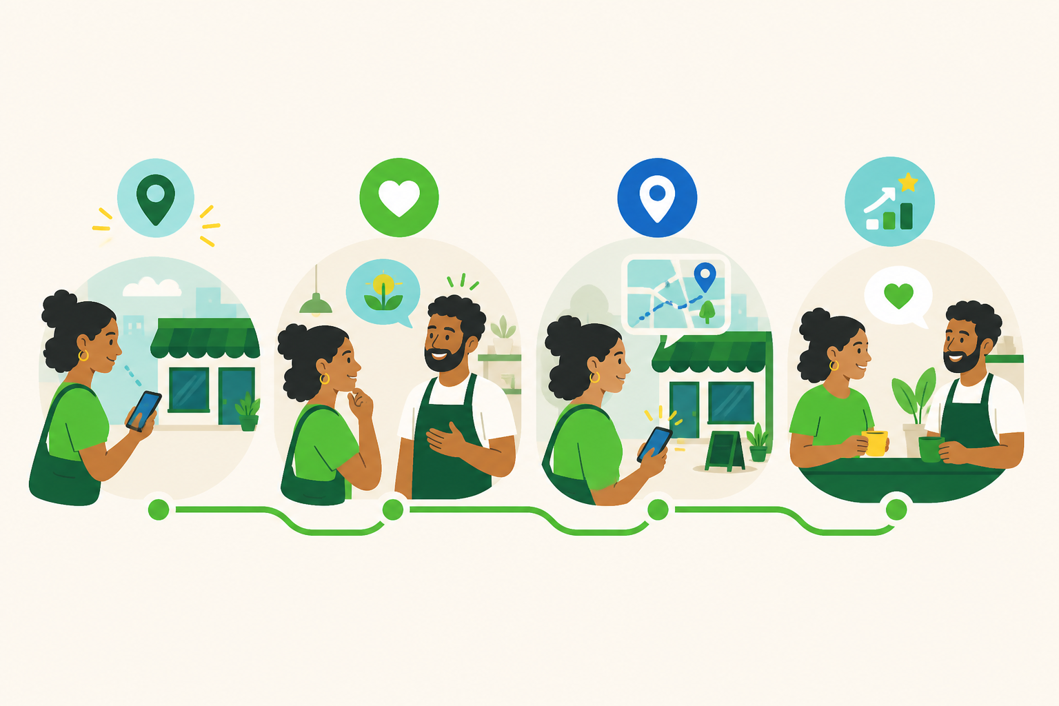 Quatro momentos conectam descoberta, compreensão, visita ou contato e acompanhamento