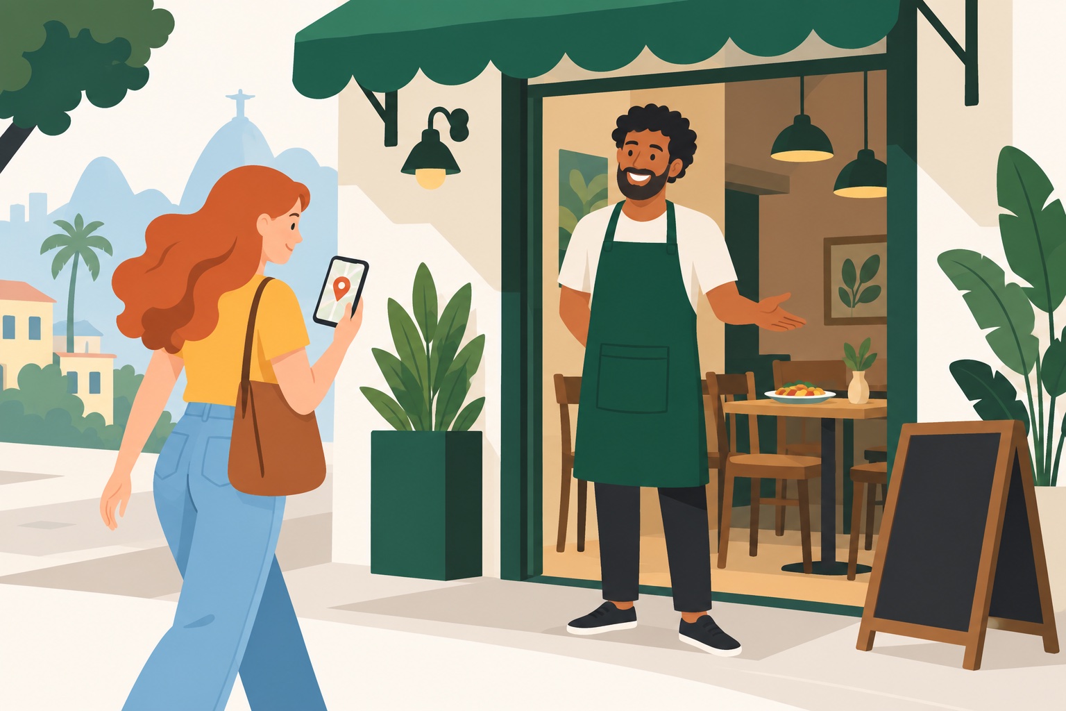 Ilustração flat de cliente consultando o celular e sendo recebida na entrada de um restaurante