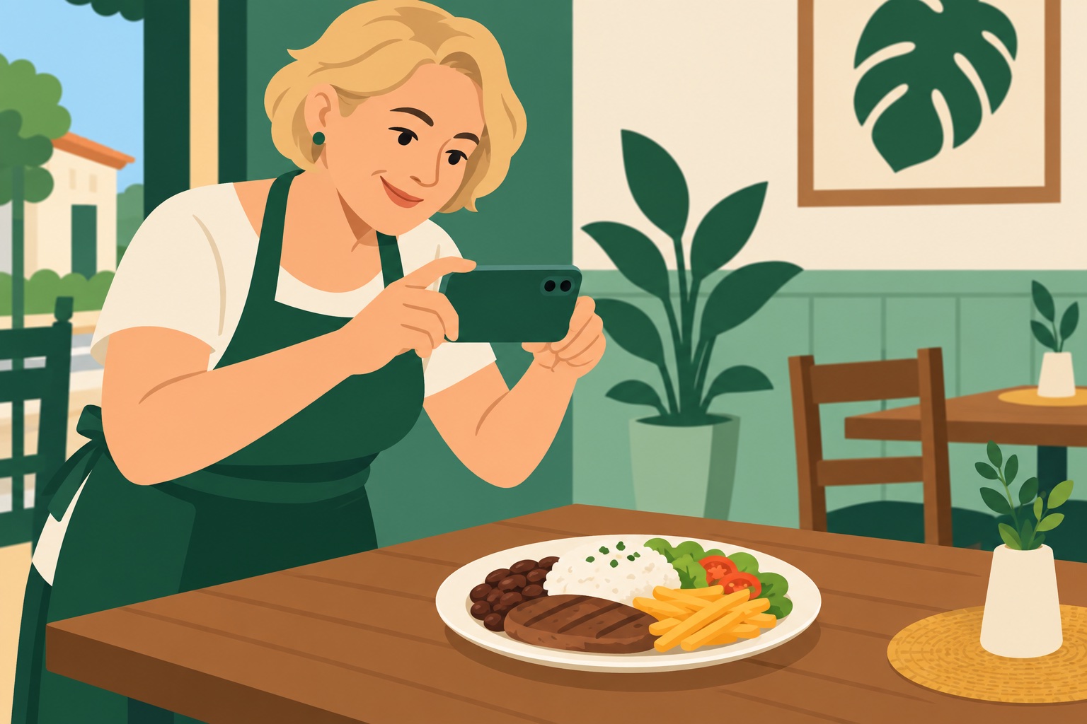 Ilustração flat de proprietária fotografando um prato servido em seu restaurante