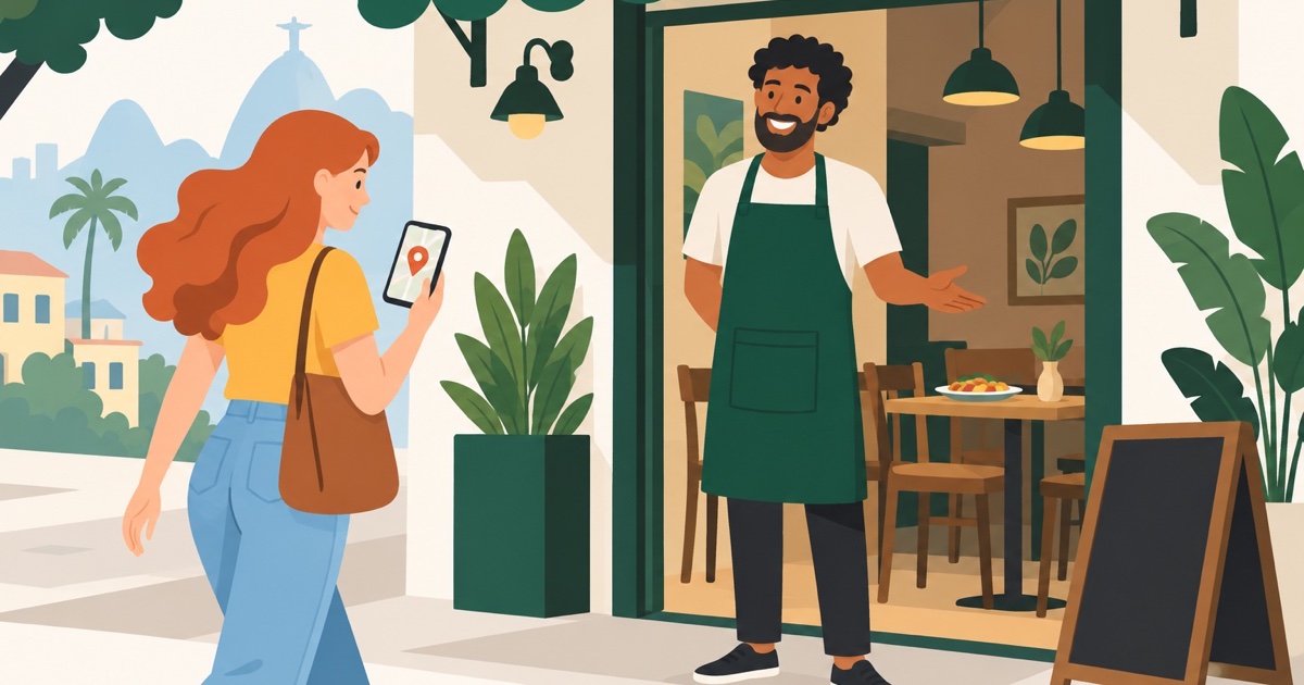 Ilustração flat de cliente chegando a um restaurante após consultar a localização no celular