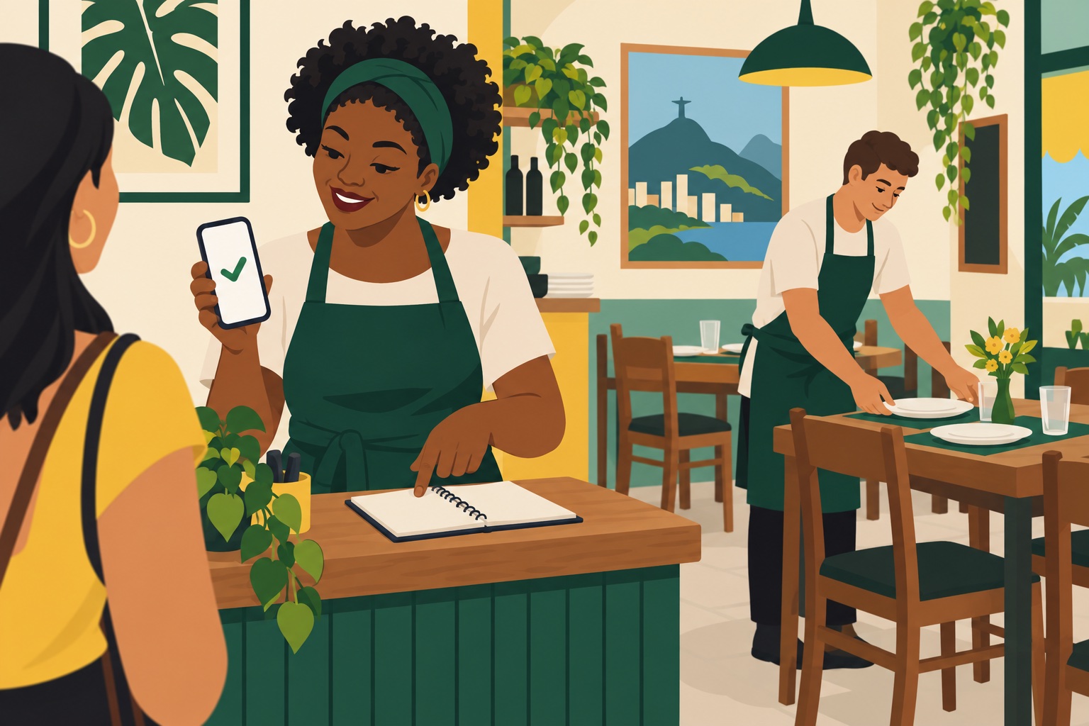Ilustração flat de atendente confirmando um contato enquanto a equipe prepara uma mesa