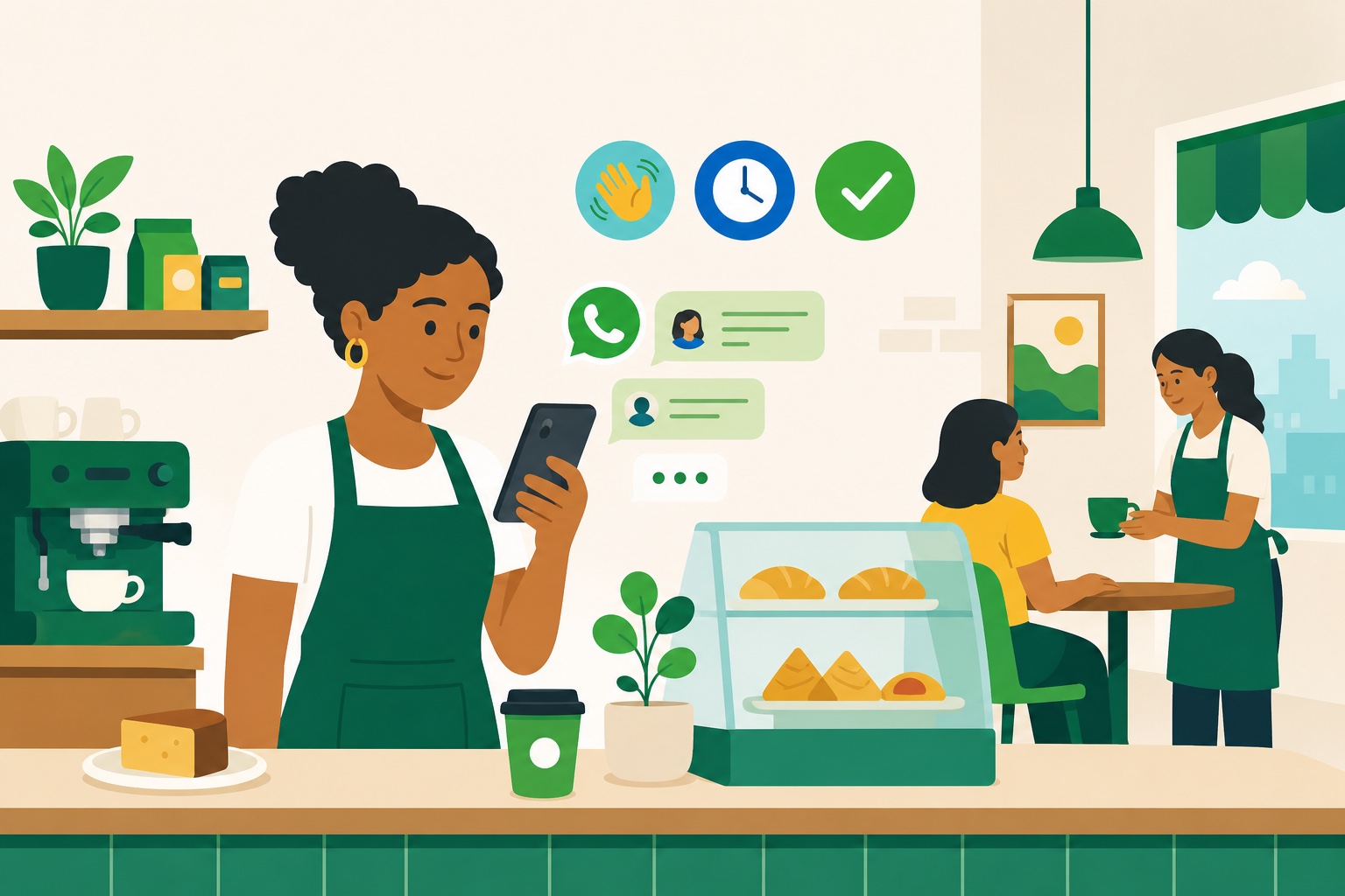 Proprietária de um pequeno café acompanha mensagens no celular enquanto a equipe atende uma cliente