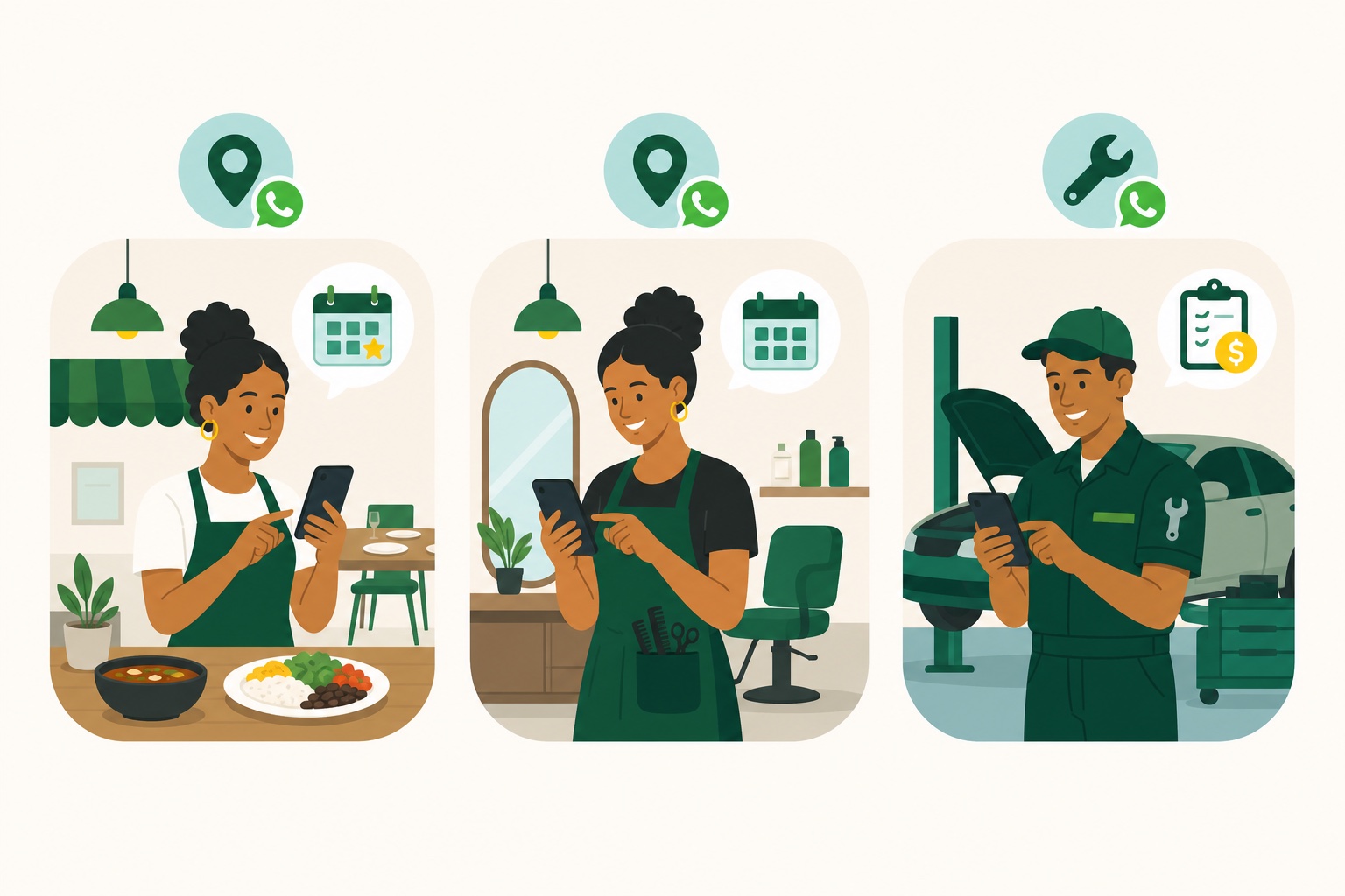 Atendentes de restaurante, salão de beleza e oficina mecânica usam mensagens adaptadas às suas rotinas