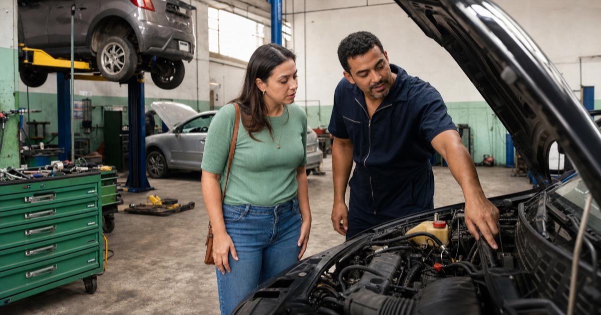 Mecânico explicando o motor de um carro a uma cliente na oficina