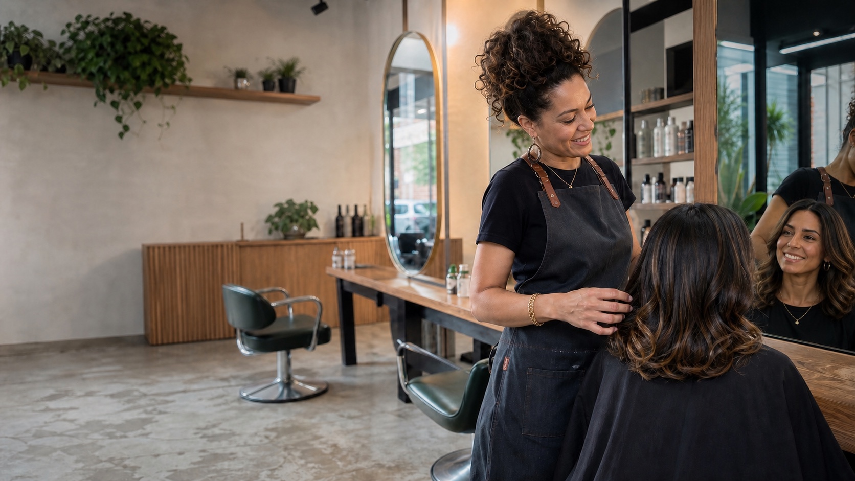 Cabeleireira finalizando o cabelo de uma cliente em um salão de beleza
