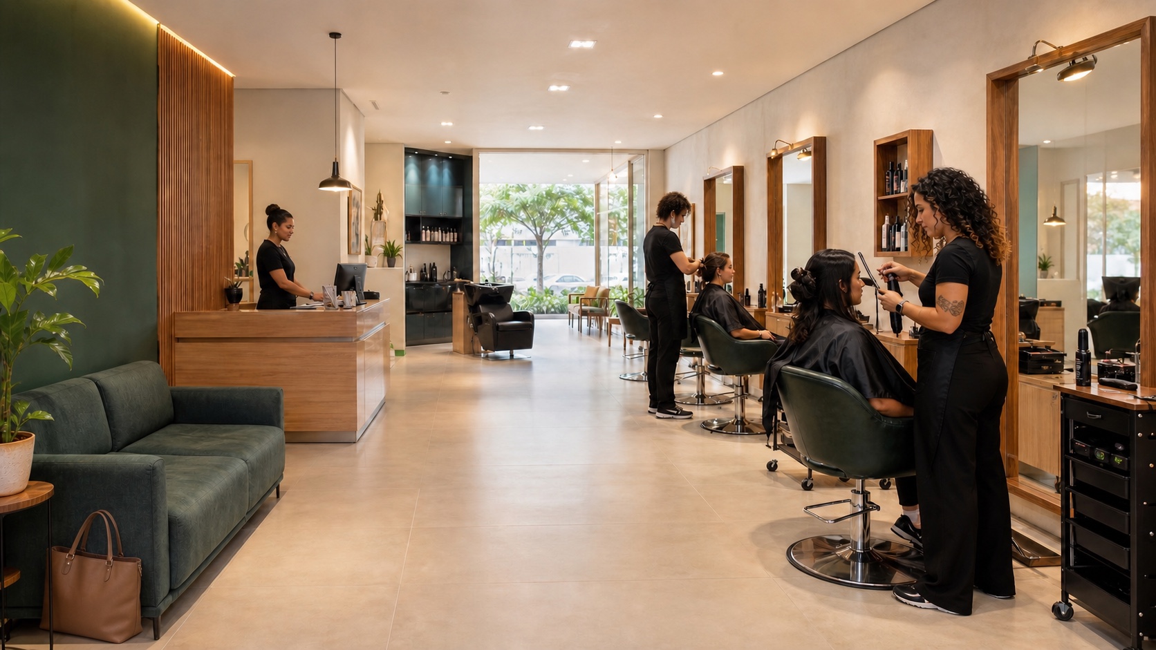 Interior de um salão de beleza com recepção, estações de atendimento, clientes e profissionais