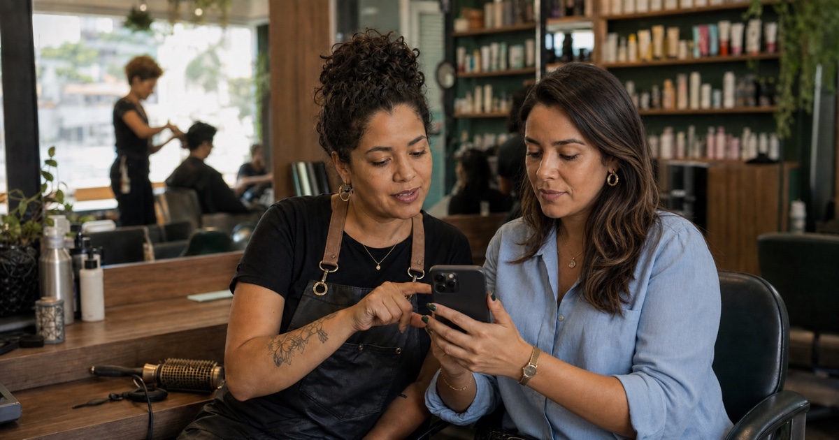 Cabeleireira e cliente consultando referências de cabelo em um celular