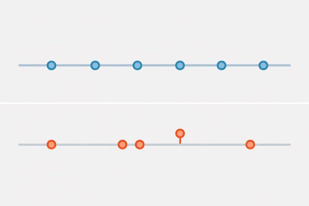 Linha do tempo comparando presença contínua no SEO Local com ações pontuais e irregulares