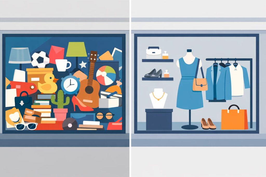 Vitrine organizada representando sinais claros de SEO Local versus vitrine confusa com sinais desorganizados