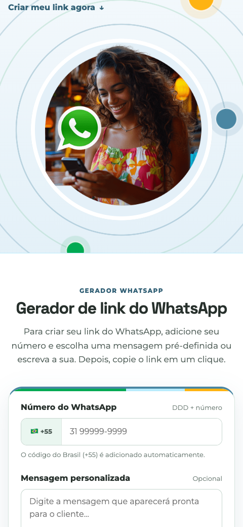 Tela do Gerador de Link para WhatsApp da Local Partner com campos para número e mensagem personalizada
