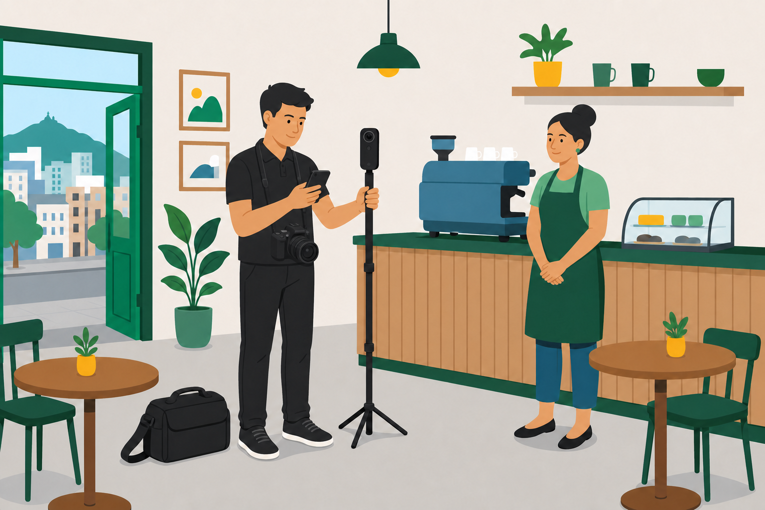 Fotógrafo de uniforme preto controla uma câmera 360 pelo celular durante a produção de um tour virtual em um café