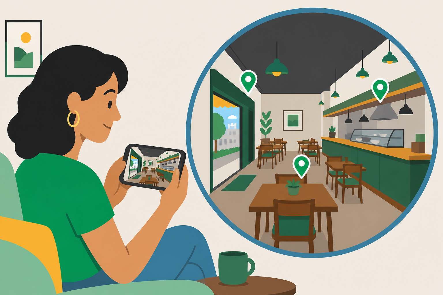 Cliente explora pelo celular a entrada, as mesas e o balcão de um restaurante em um tour virtual