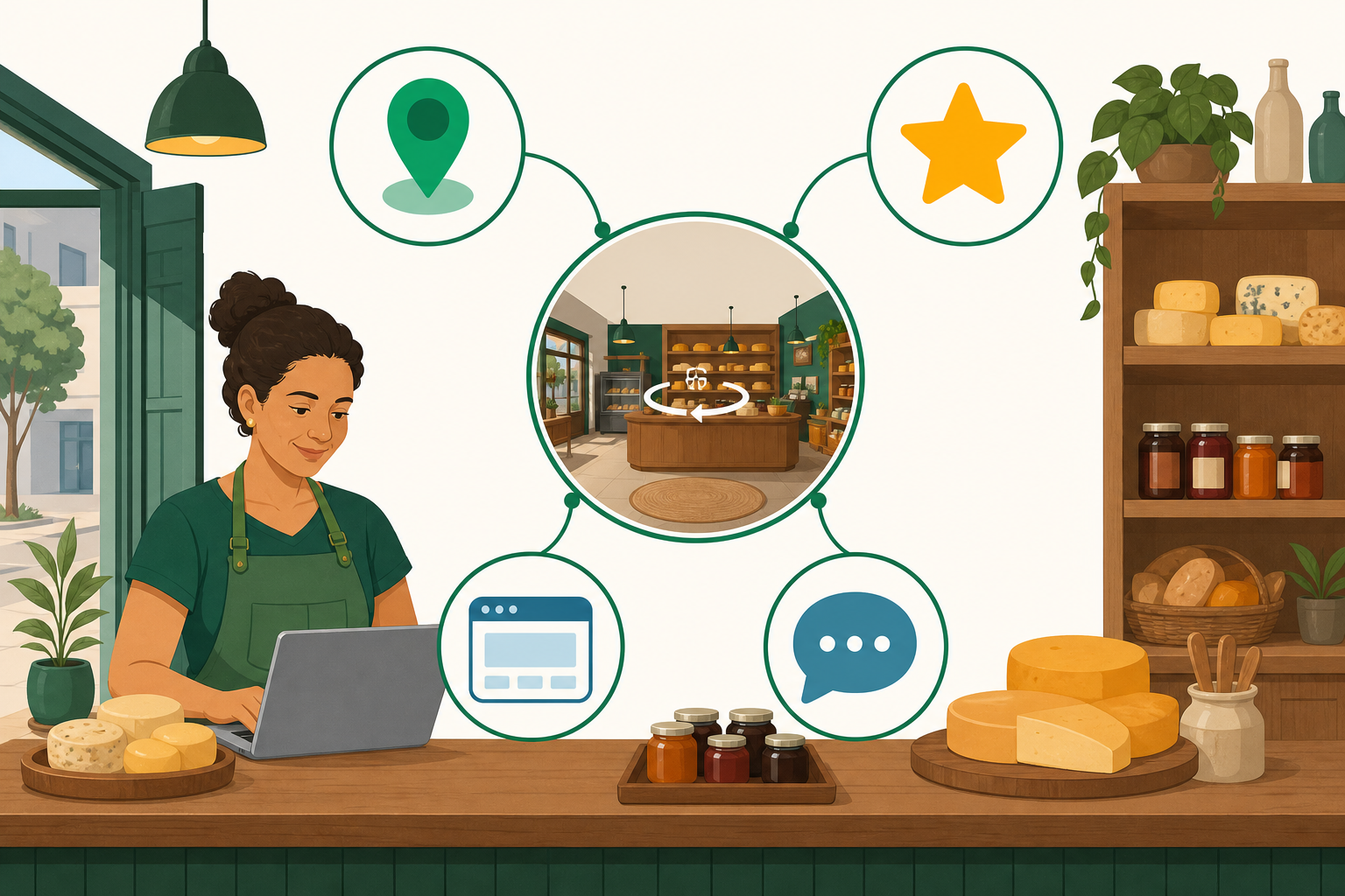 Tour virtual de um empório conectado a localização, avaliações, website e conversa