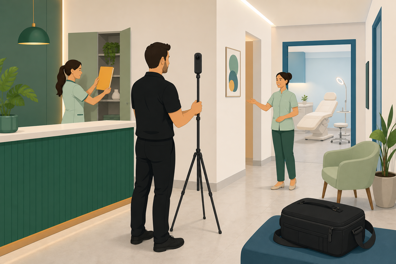 Equipe prepara uma clínica sem pacientes e guarda documentos antes da captura com câmera 360
